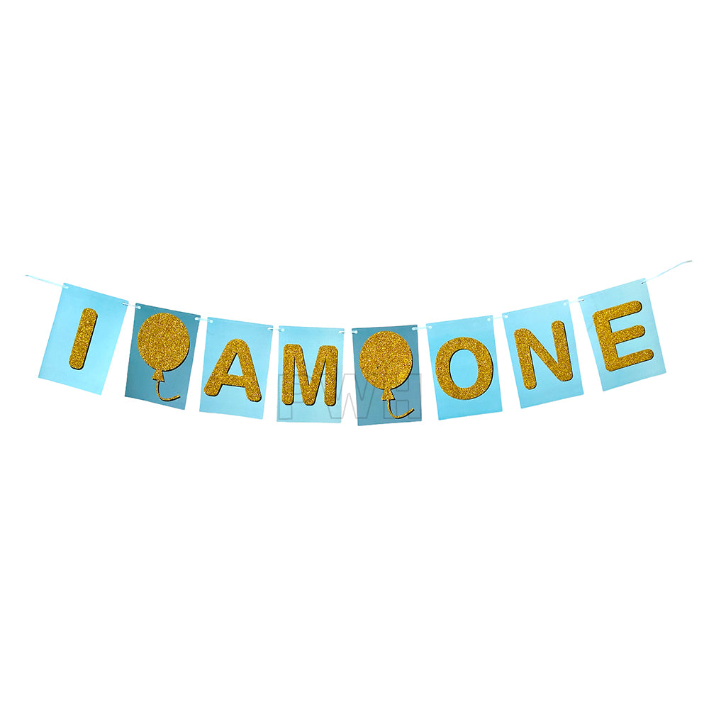 I Am One Balloons Theme decorative paper wall banner for first birthday party backdrop, cake table decoration, photo booth, and baby birthday celebration available in bulk from Party Wholesale Hub.