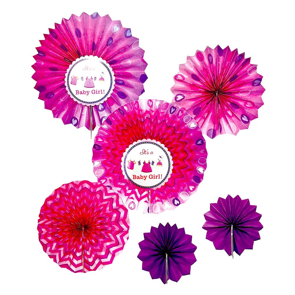 It's a Baby Girl Party Hanging Fans Decoration Set with 6 assorted round paper fans in pink for baby shower, baby arrival, and newborn celebration decoration from Party Wholesale Hub.