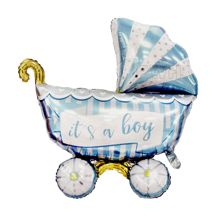 It's A Boy pram-shaped Mylar aluminium foil balloon for baby shower, welcome baby boy celebration, hospital room decoration, and balloon decoration from Party Wholesale Hub.