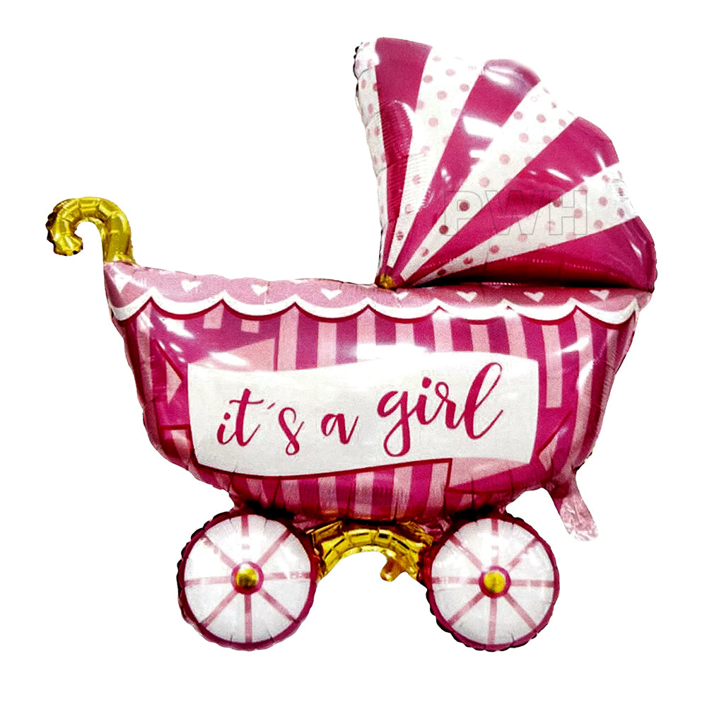 It's A Girl pram-shaped Mylar aluminium foil balloon for baby shower, welcome baby girl celebration, hospital room decoration, and balloon decoration from Party Wholesale Hub.