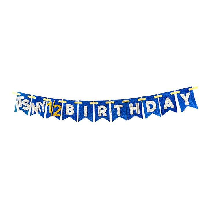 IT'S MY 1/2 Birthday EVA wall banner in Blue and Pink for baby half birthday milestone party decoration from Party Wholesale Hub.