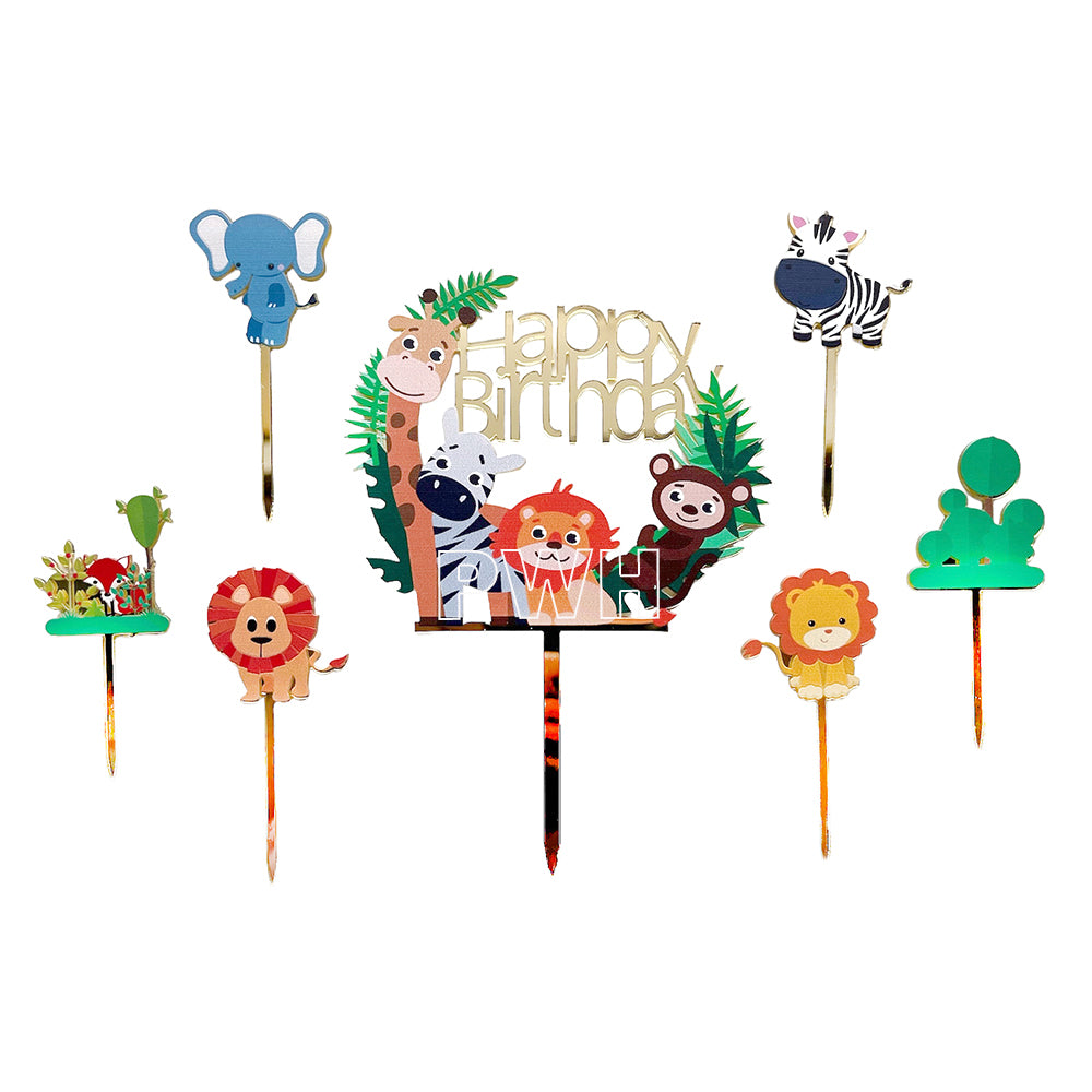 Jungle theme birthday cake topper set with safari animal decorations for kids birthday cake decoration available wholesale from Party Wholesale Hub