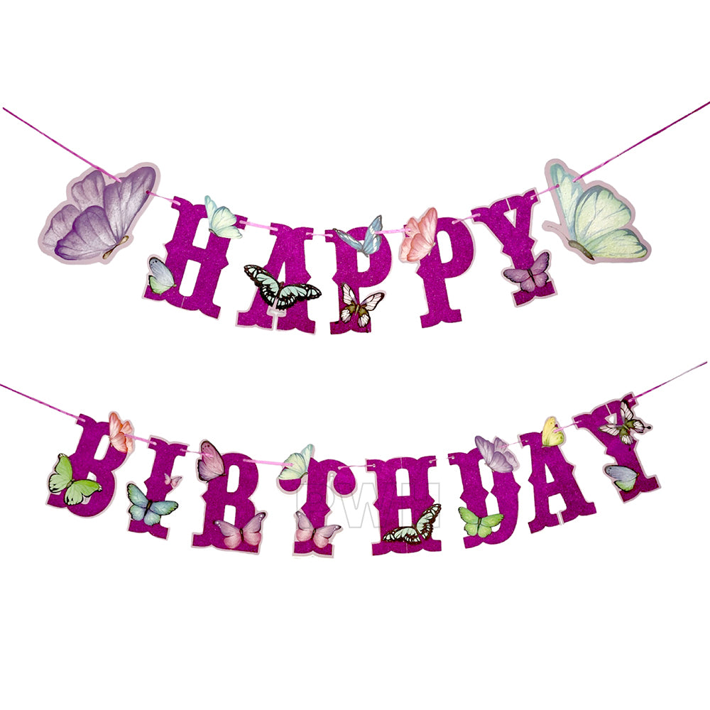 Kid's Happy Birthday butterflies theme decorative paper wall banner in purple for birthday party decoration, cake table backdrop, and photo booth available in bulk from Party Wholesale Hub.