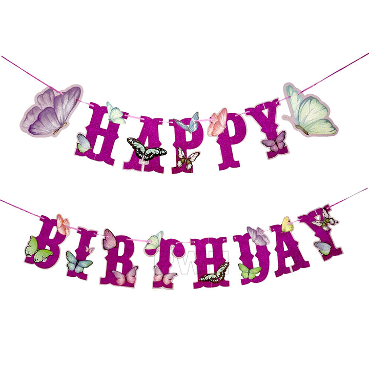 Kid's Happy Birthday butterflies theme decorative paper wall banner in purple for birthday party decoration, cake table backdrop, and photo booth available in bulk from Party Wholesale Hub.