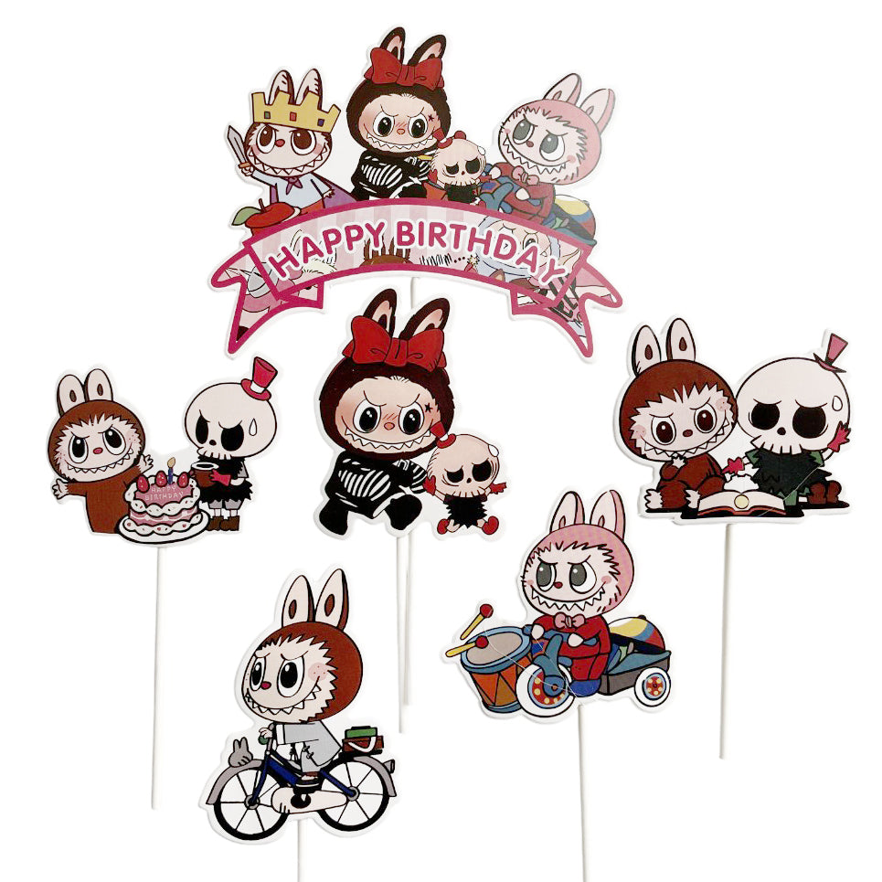 Labubu Doll Happy Birthday cake topper set with character-themed printed decorations for birthday cake decoration available wholesale from Party Wholesale Hub