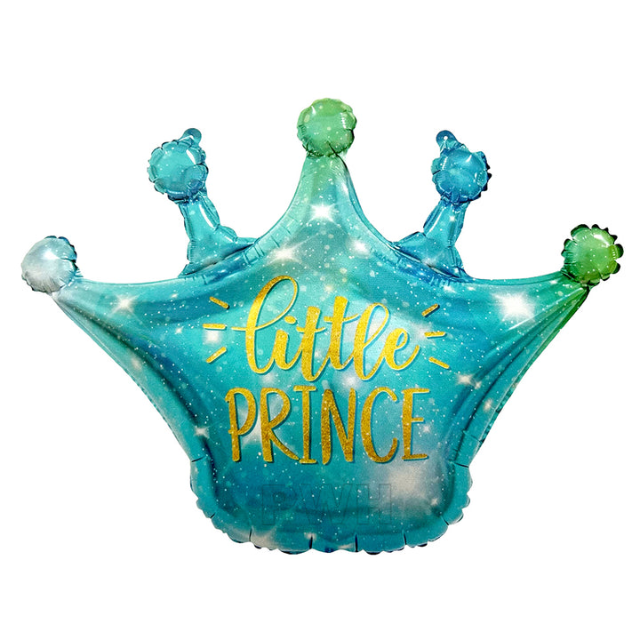Little Prince crown foil balloon in blue and gold for baby shower, first birthday, welcome baby, and prince theme party decoration from Party Wholesale Hub.