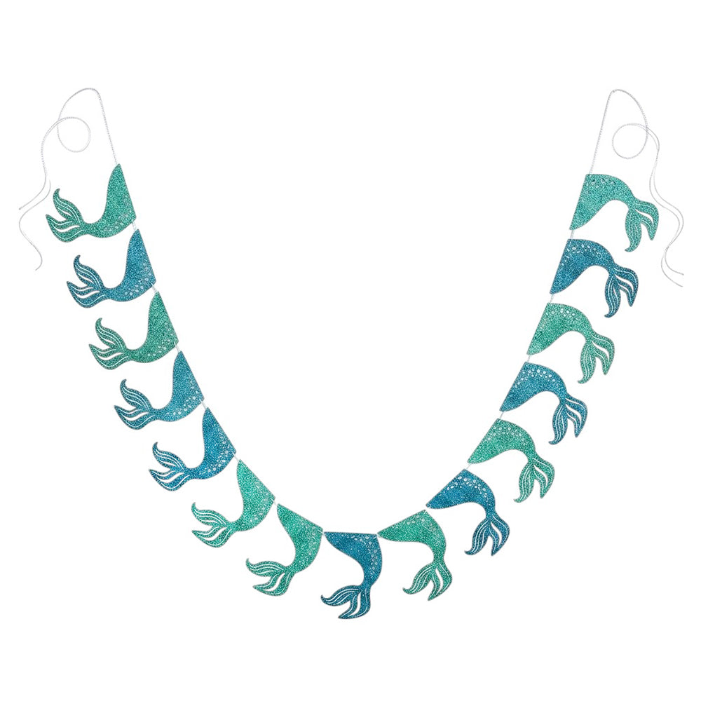 Premium Mermaid Tail Shape Paper Banner Bunting in green and blue for kids' birthdays, mermaid theme parties, photo backdrops, cake tables, and themed celebrations from Party Wholesale Hub India.