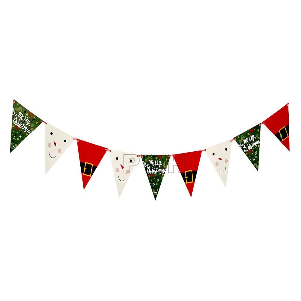 Merry Christmas paper triangle bunting banner for holiday party, Christmas celebration, and festive wall decoration available wholesale from Party Wholesale Hub