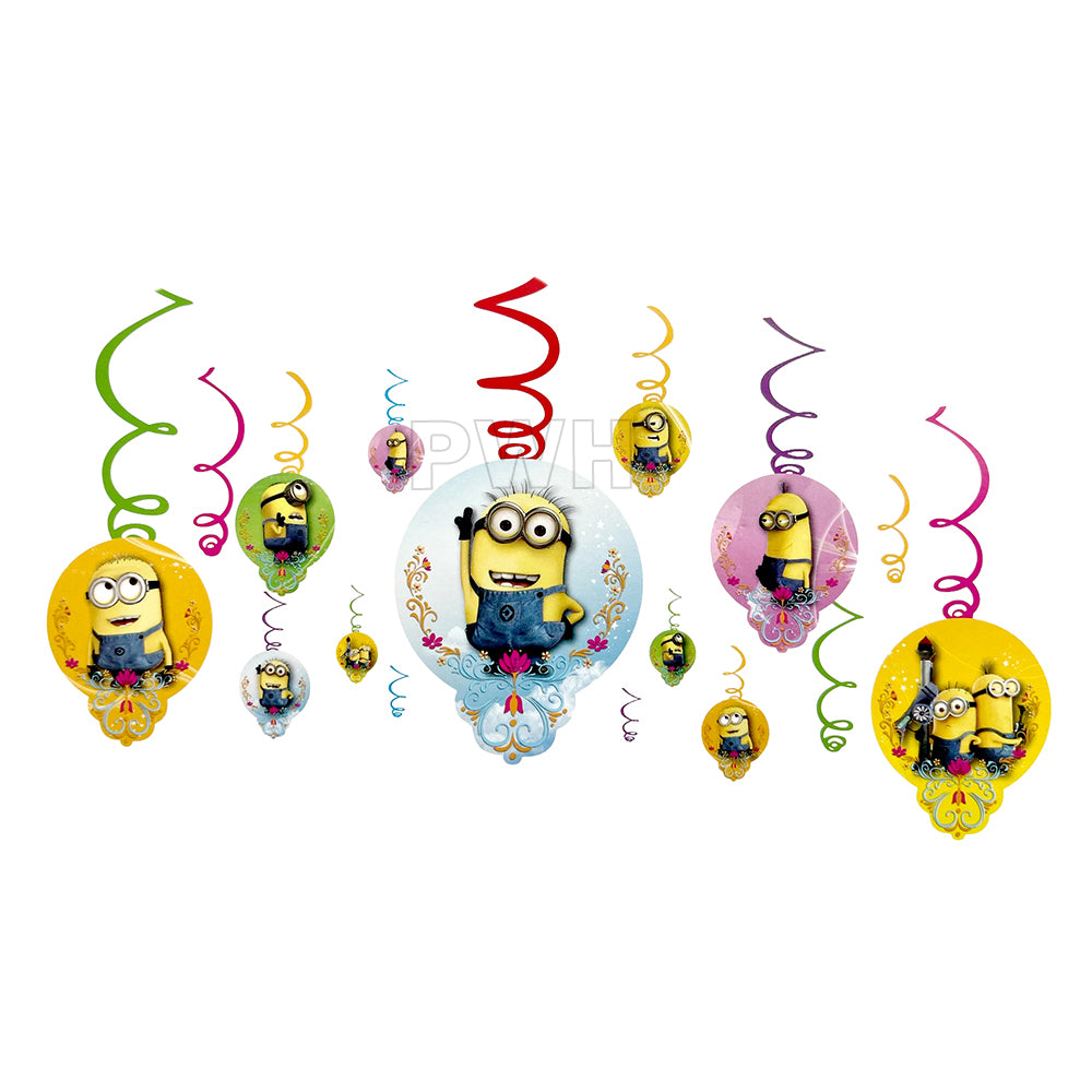 Minions hanging swirls 6 pcs for kids birthday party, Minions theme celebration, and ceiling decoration available wholesale from Party Wholesale Hub