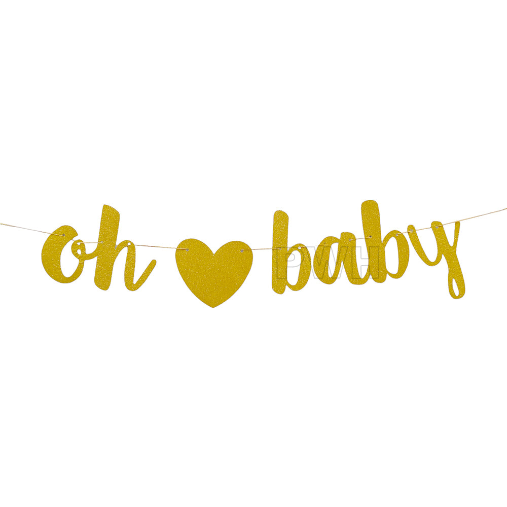 Oh Baby golden glitter paper wall banner for baby shower, newborn welcome party, gender reveal celebration, dessert table backdrop, and photo booth decoration available in bulk from Party Wholesale Hub.