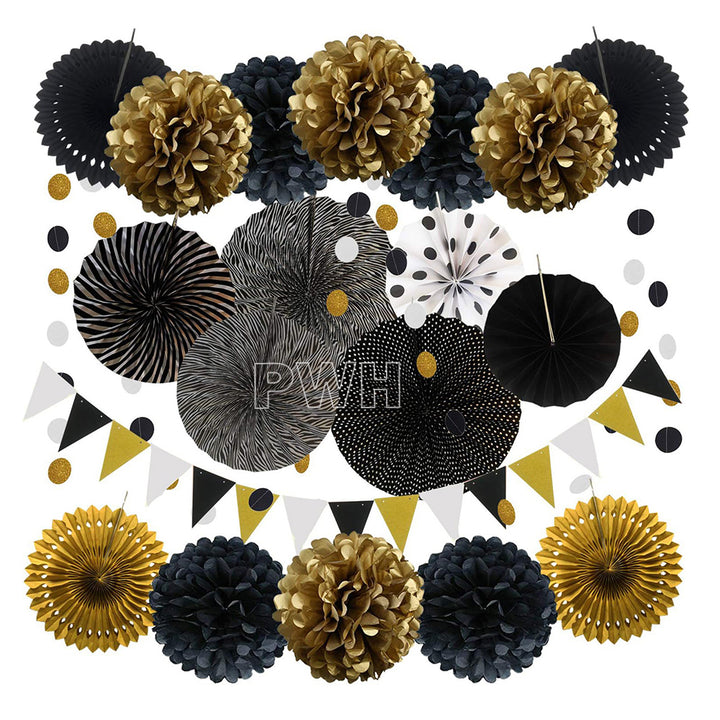 Party decoration hanging paper fans set with assorted paper fan decorations for birthdays, weddings, baby showers, festivals, and event backdrops available wholesale from Party Wholesale Hub