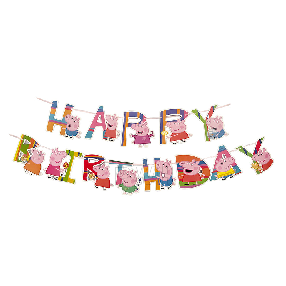 Peppa Pig Characters Happy Birthday decorative paper wall banner for kids' birthday party backdrop, cake table decoration, and photo booth available in bulk from Party Wholesale Hub.