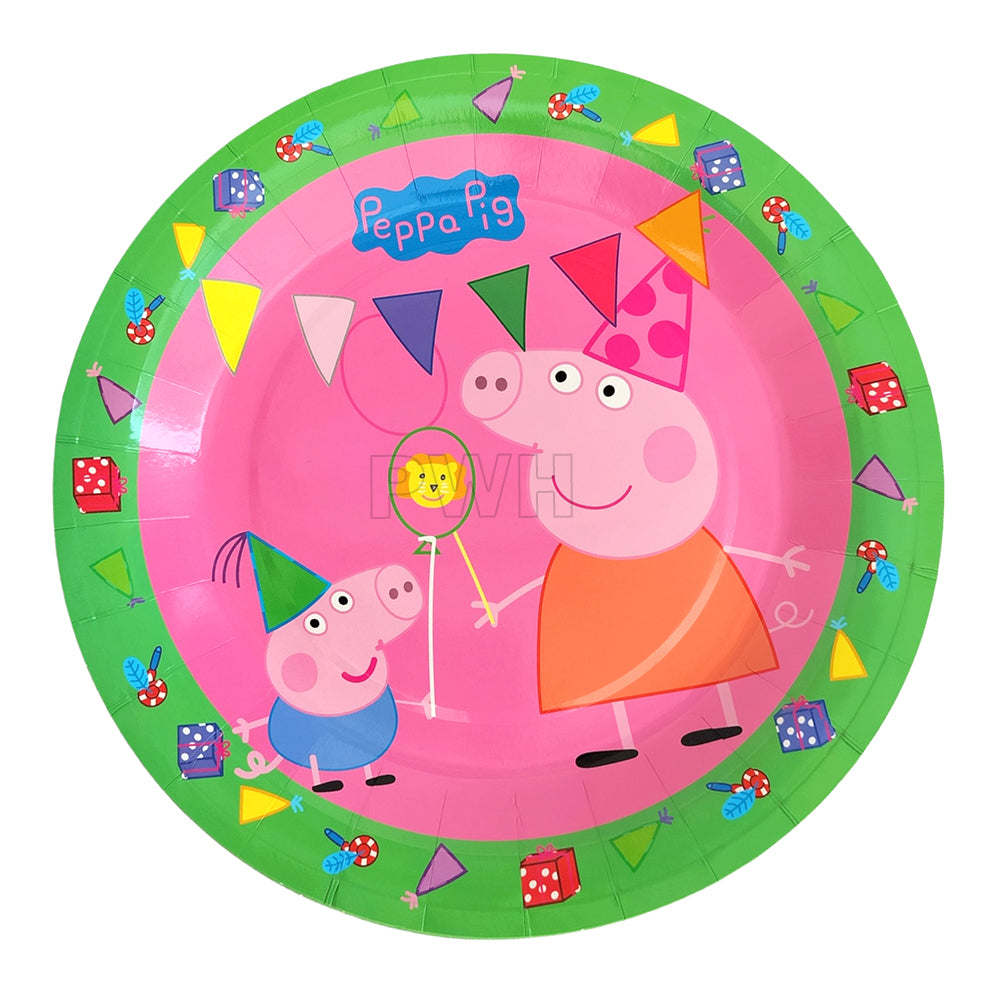 Premium 9 inch Peppa Pig theme paper food plates featuring colorful Peppa Pig character artwork for kids birthday parties, themed celebrations, and party table decoration by PartyWholesale India