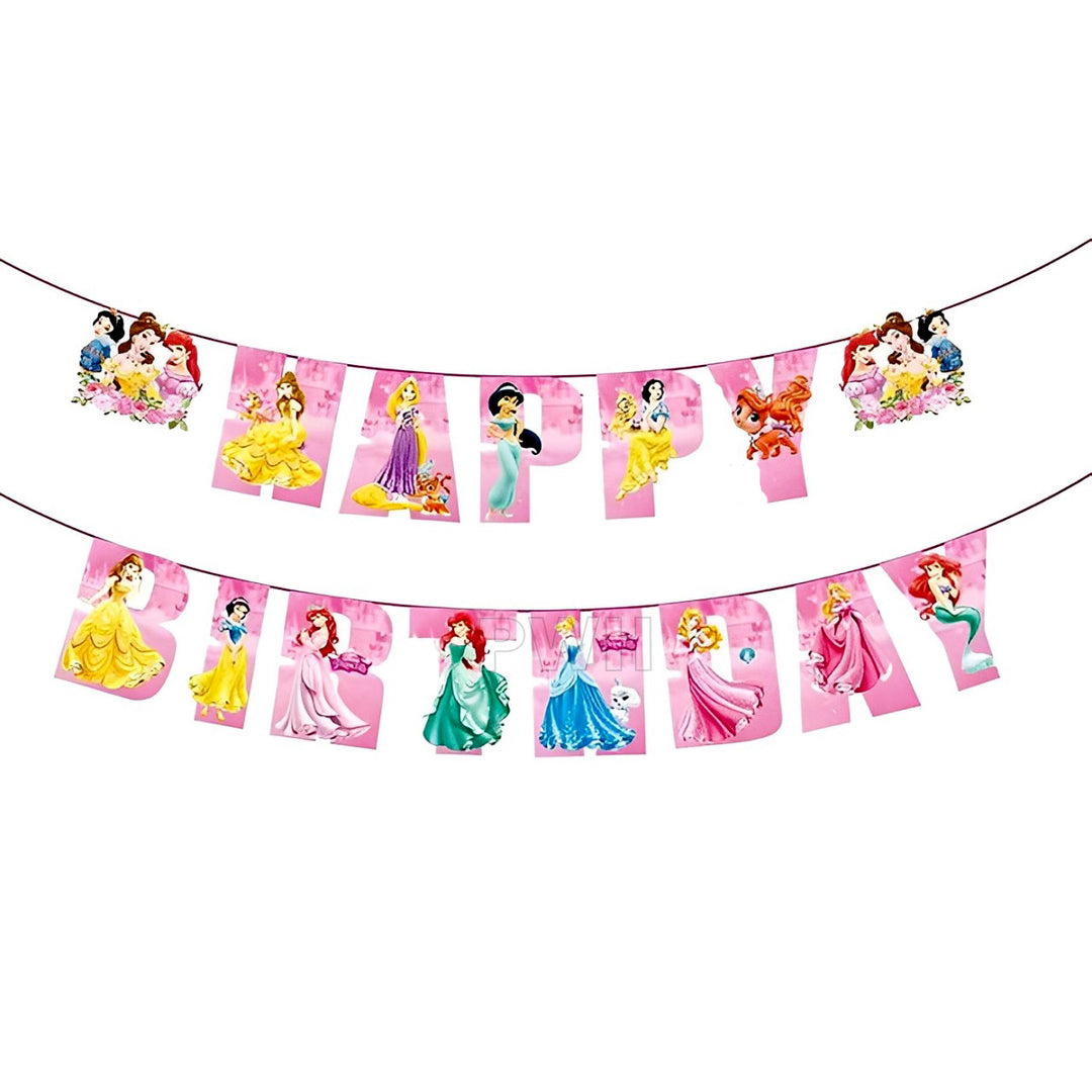 Princess Theme Happy Birthday decorative paper wall banner for girls' birthday party decoration, cake table backdrop, and photo booth available in bulk from Party Wholesale Hub.