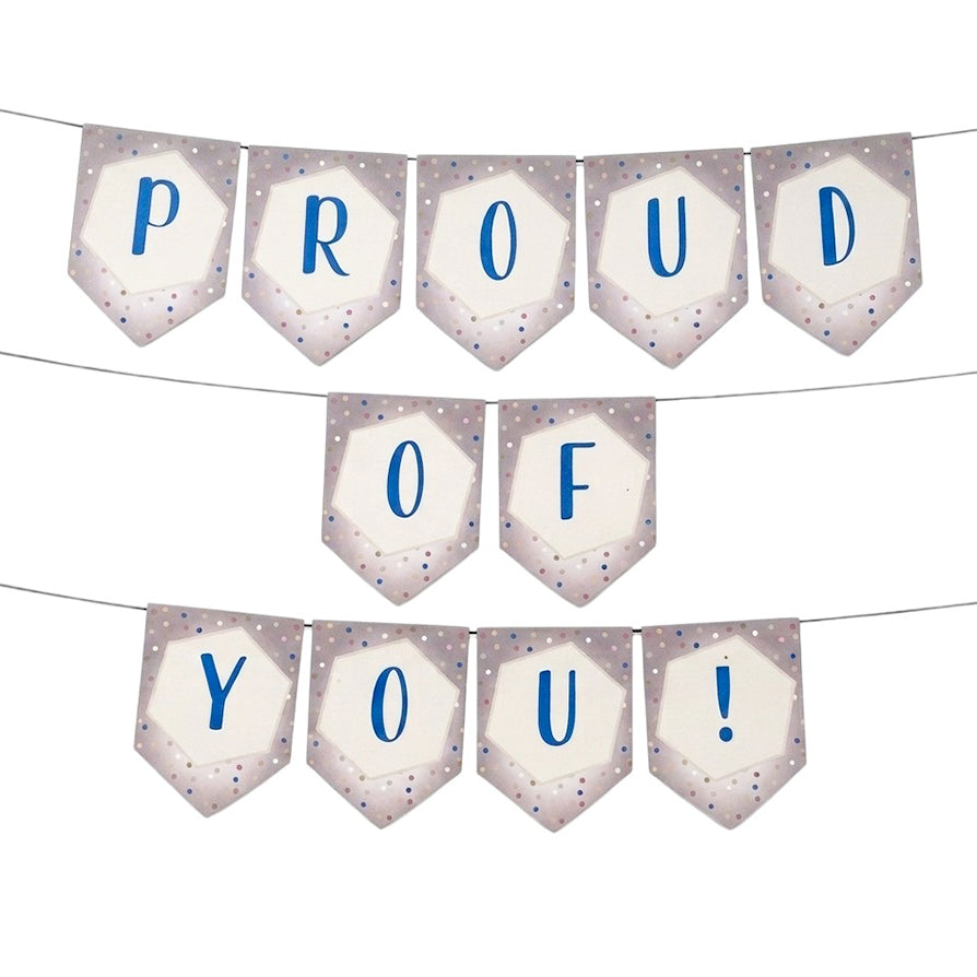 Premium Proud Of You Paper Banner in blue for kids' birthdays, theme parties, photo backdrops, cake tables, and celebration events from Party Wholesale Hub India.