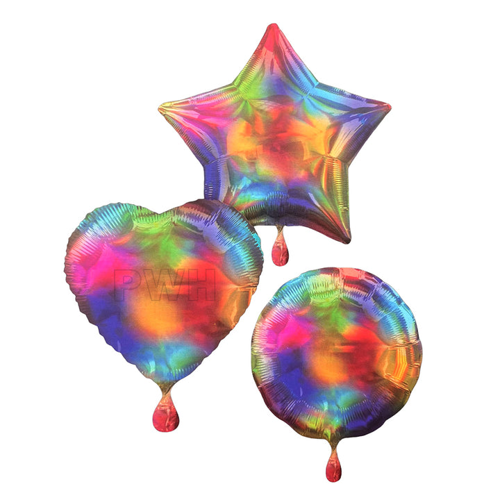 Rainbow Radiant Mylar aluminium foil balloon available in heart, star, and round shapes with holographic finish for birthday parties, weddings, balloon bouquets, and event decoration from Party Wholesale Hub.