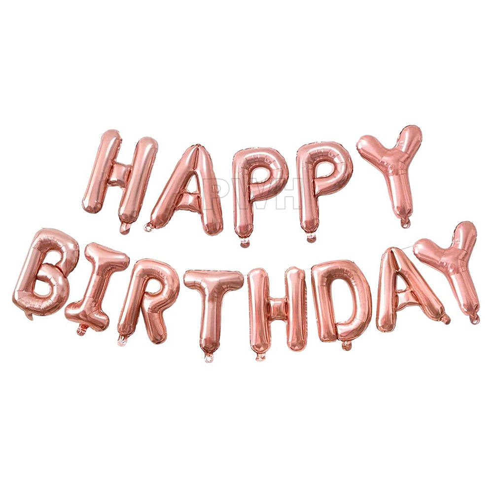 Rose Gold Happy Birthday Mylar foil letter banner for birthday party wall decoration and photo backdrop available in bulk from Party Wholesale Hub.