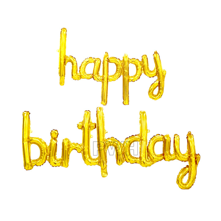 Silver Happy Birthday cursive foil banner for birthday party wall decoration, cake backdrop, and photo booth available in bulk from Party Wholesale Hub.