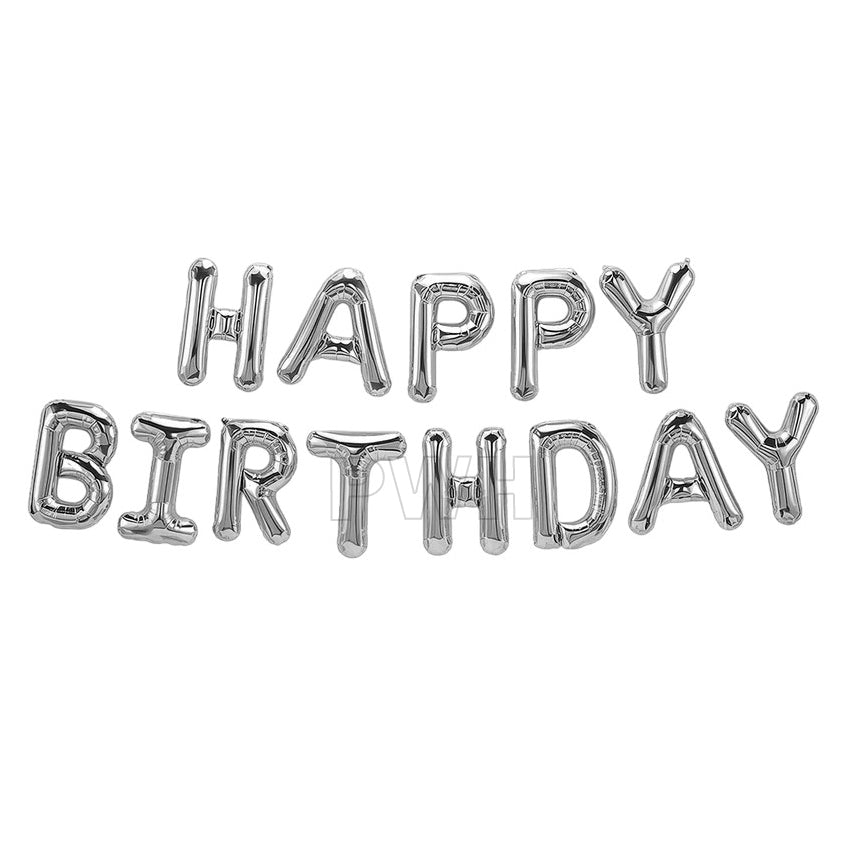 Silver Happy Birthday Mylar foil letter banner for birthday party wall decoration and photo backdrop available in bulk from Party Wholesale Hub.