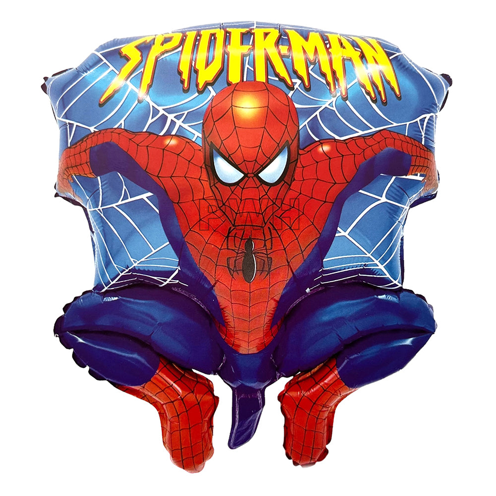 Spiderman shaped Mylar foil balloon for Marvel superhero birthday party, kids celebration, comic theme event, and party decoration from Party Wholesale Hub.