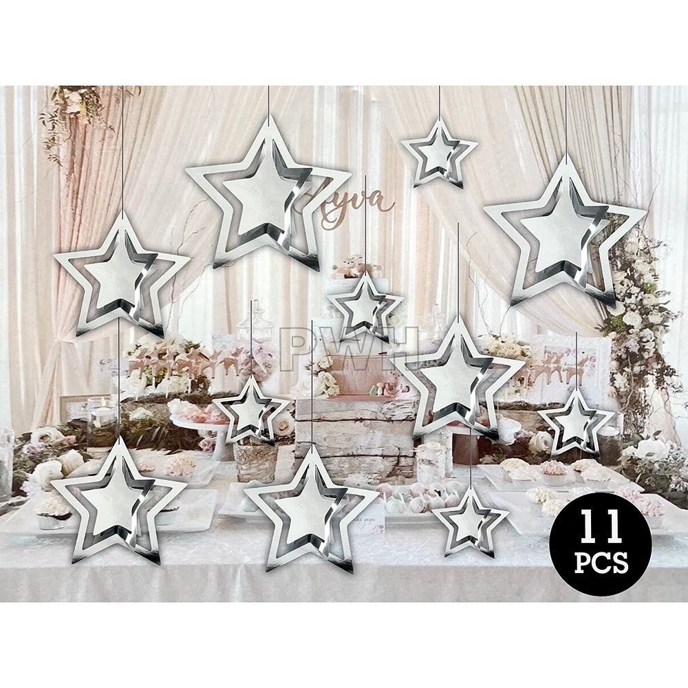 Star hanging swirls decoration set 11 pcs in red, rose gold, and silver for birthday, New Year, and party ceiling decoration available wholesale from Party Wholesale Hub