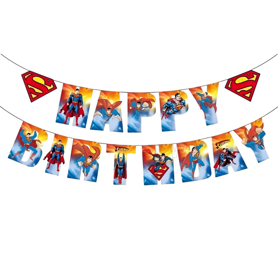 Superman Theme Happy Birthday decorative paper wall banner for kids' superhero birthday party decoration, cake table backdrop, and photo booth available in bulk from Party Wholesale Hub.