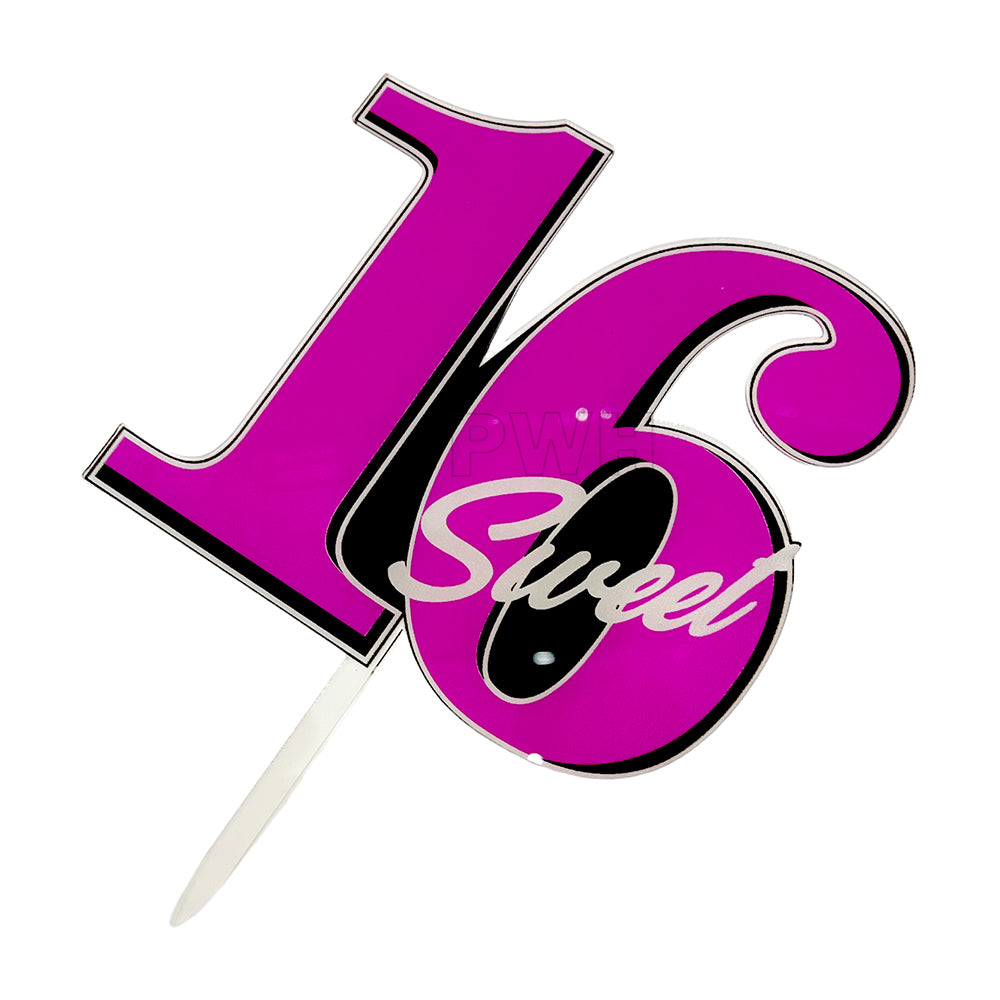 Sweet 16 acrylic cake topper for elegant 16th birthday cake decoration available wholesale from Party Wholesale Hub