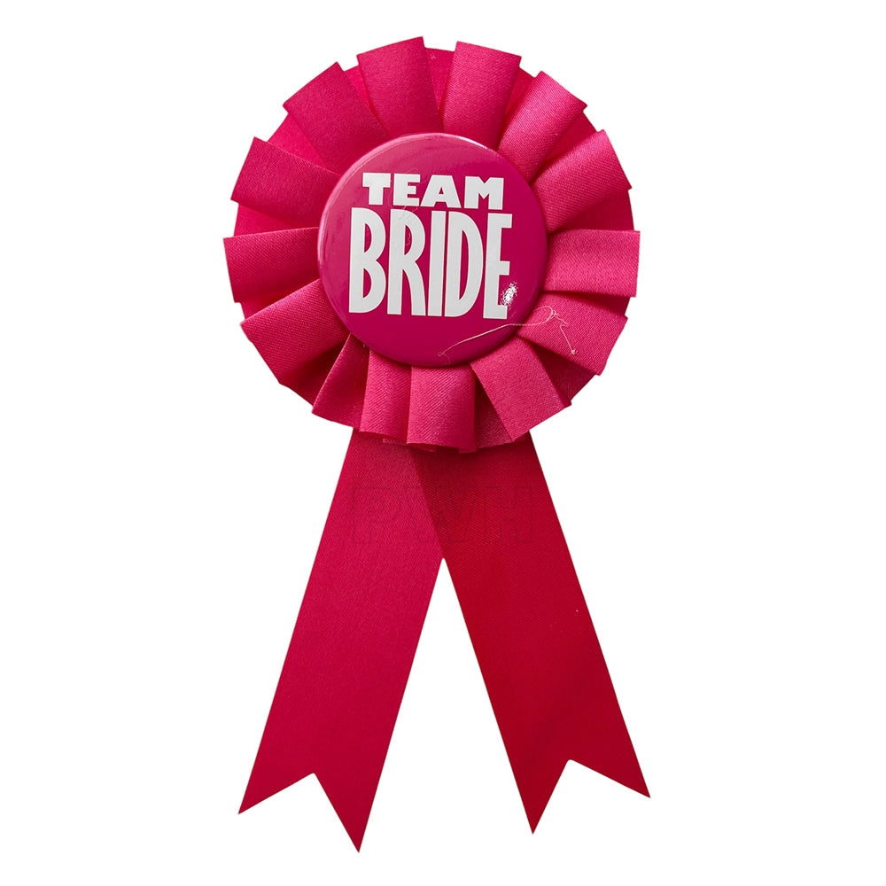 Premium Team Bride satin badge for bridesmaids, bachelorette parties, bridal showers, hen nights, wedding celebrations, and bridal squad events from Party Wholesale Hub India.