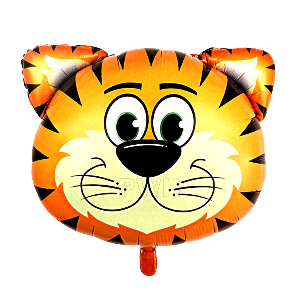 18 inch tiger face printed foil balloon for jungle theme, safari birthday, wildlife party, and kids celebration decoration from Party Wholesale Hub.
