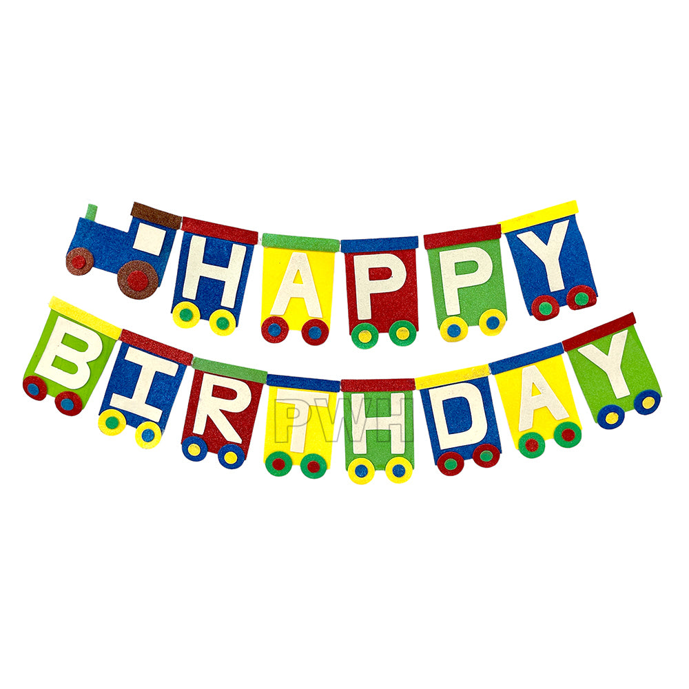 Train Happy Birthday EVA Wall Banner made from premium EVA foam for kids train theme birthday party wall decoration from Party Wholesale Hub.