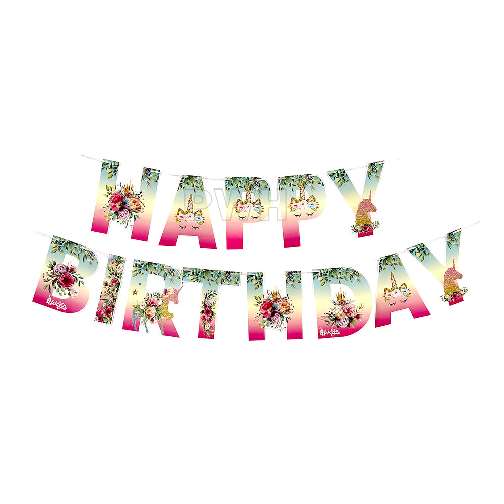 Unicorn Theme Happy Birthday decorative paper wall banner for kids' unicorn birthday party backdrop, cake table decoration, and photo booth available in bulk from Party Wholesale Hub.