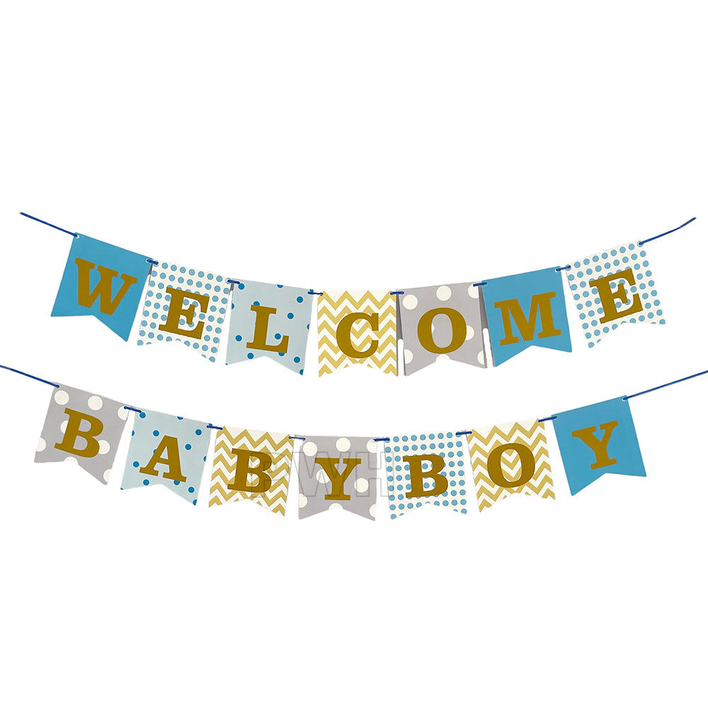 Welcome Baby Boy and Girl decorative paper wall banner in blue and pink themes for baby arrival, baby shower, newborn welcome party, photo booth backdrop, and nursery decoration available in bulk from Party Wholesale Hub.