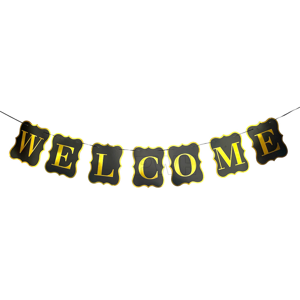 Welcome Black Golden decorative paper wall banner for baby shower, baby arrival, housewarming party, entrance decoration, and photo booth backdrop available in bulk from Party Wholesale Hub.