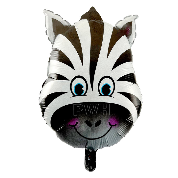18 inch zebra face printed foil balloon for jungle theme, safari birthday, zoo party, and wildlife celebration decoration from Party Wholesale Hub.