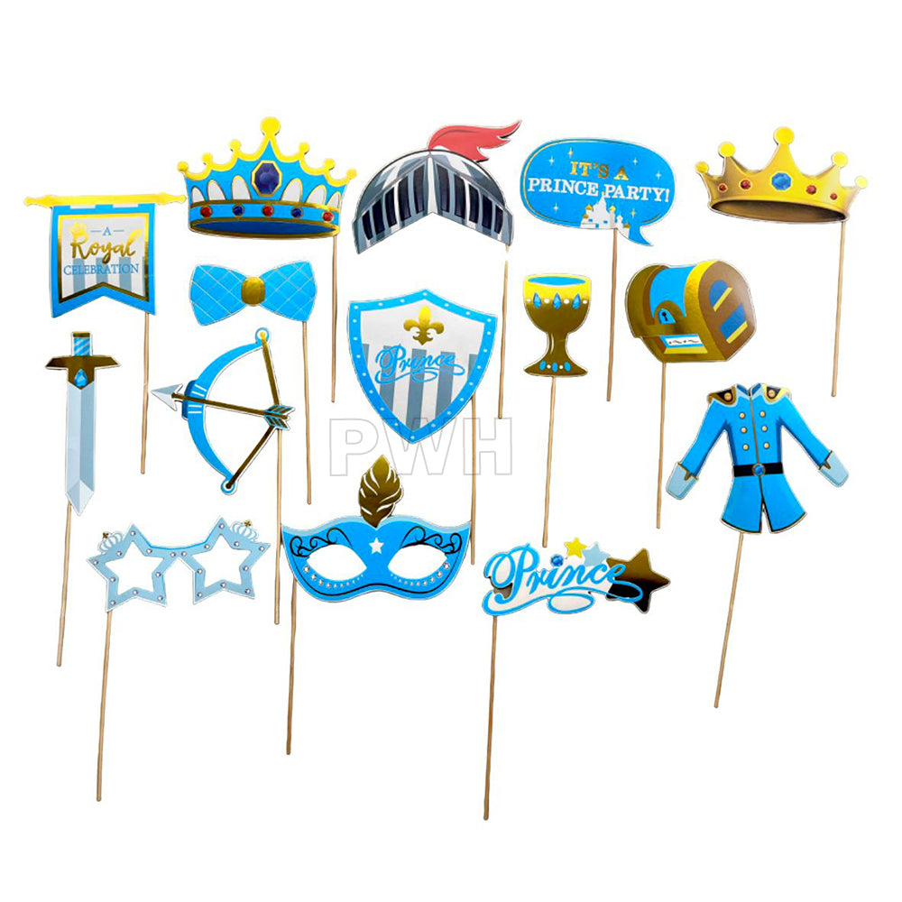 Prince party photo booth props set with royal blue themed designs for kids' birthday parties, baby showers, cake smash photoshoots, and celebration events from Party Wholesale Hub India.