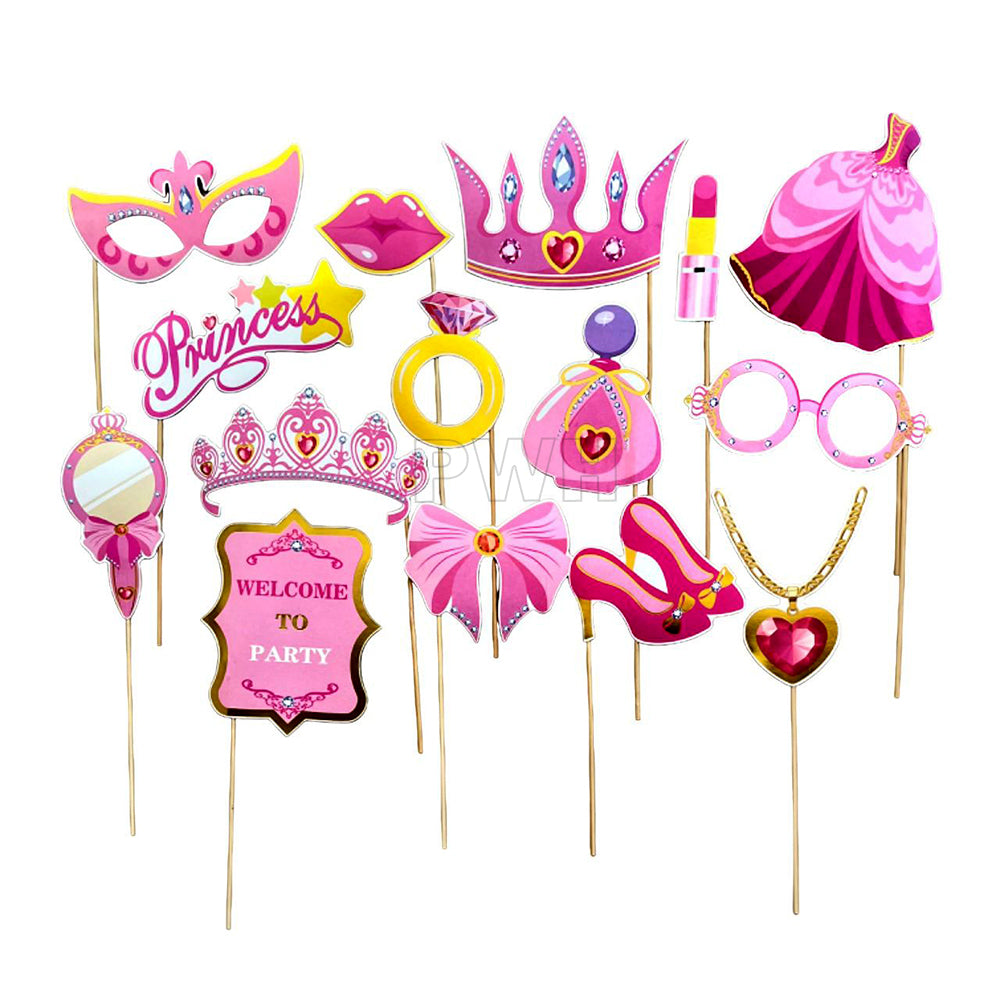 Princess party photo booth props set with colorful fairytale and royal-themed designs for kids' birthday parties, baby showers, themed celebrations, and fun photo booths from Party Wholesale Hub India.