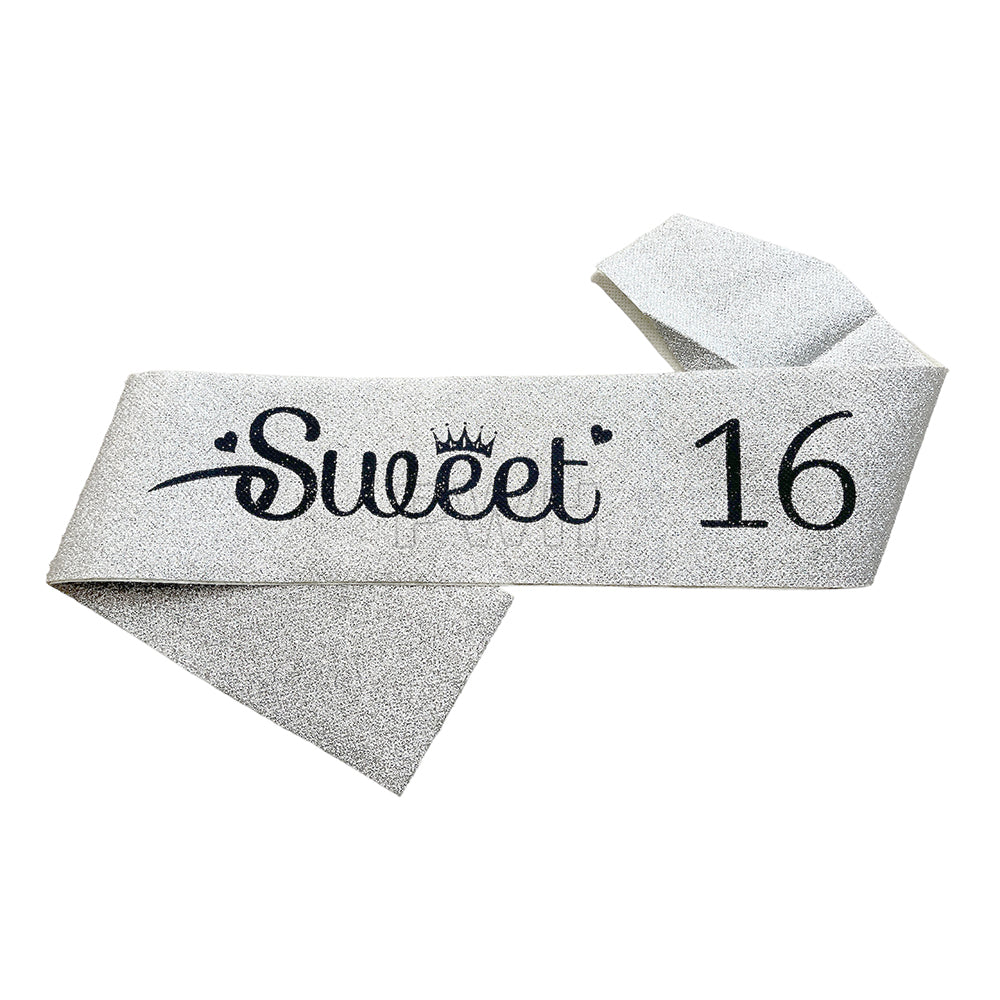 Radiant Sweet 16 glitter satin sash in assorted colors for milestone birthday celebrations, cake-cutting ceremonies, themed parties, and birthday photoshoots from Party Wholesale Hub India.