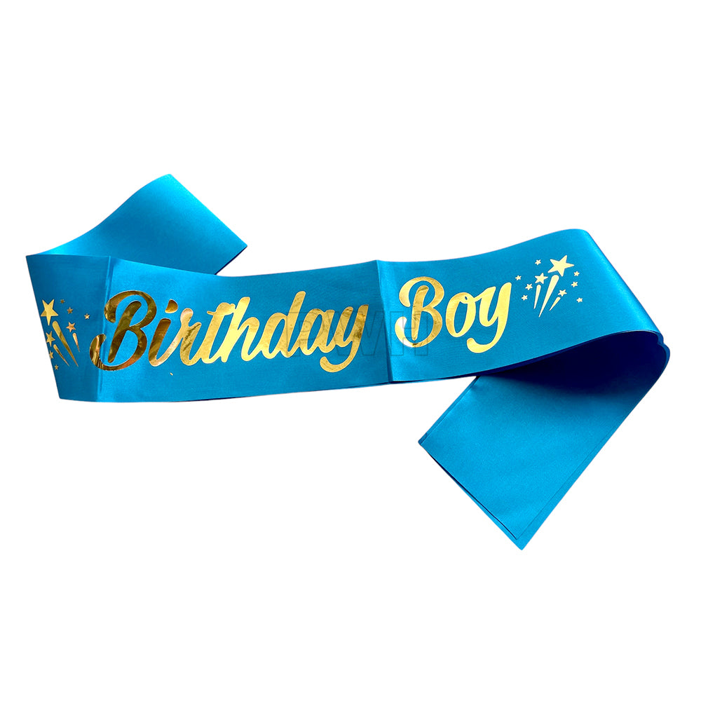 Royal blue Birthday Boy satin party sash for kids and adult birthday celebrations, milestone parties, and photoshoots from Party Wholesale Hub India.