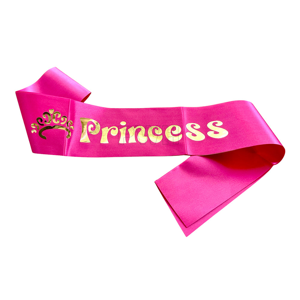 Royal Princess pink satin party sash for girls' birthday parties, princess theme celebrations, cake smash photoshoots, and special occasions from Party Wholesale Hub India.
