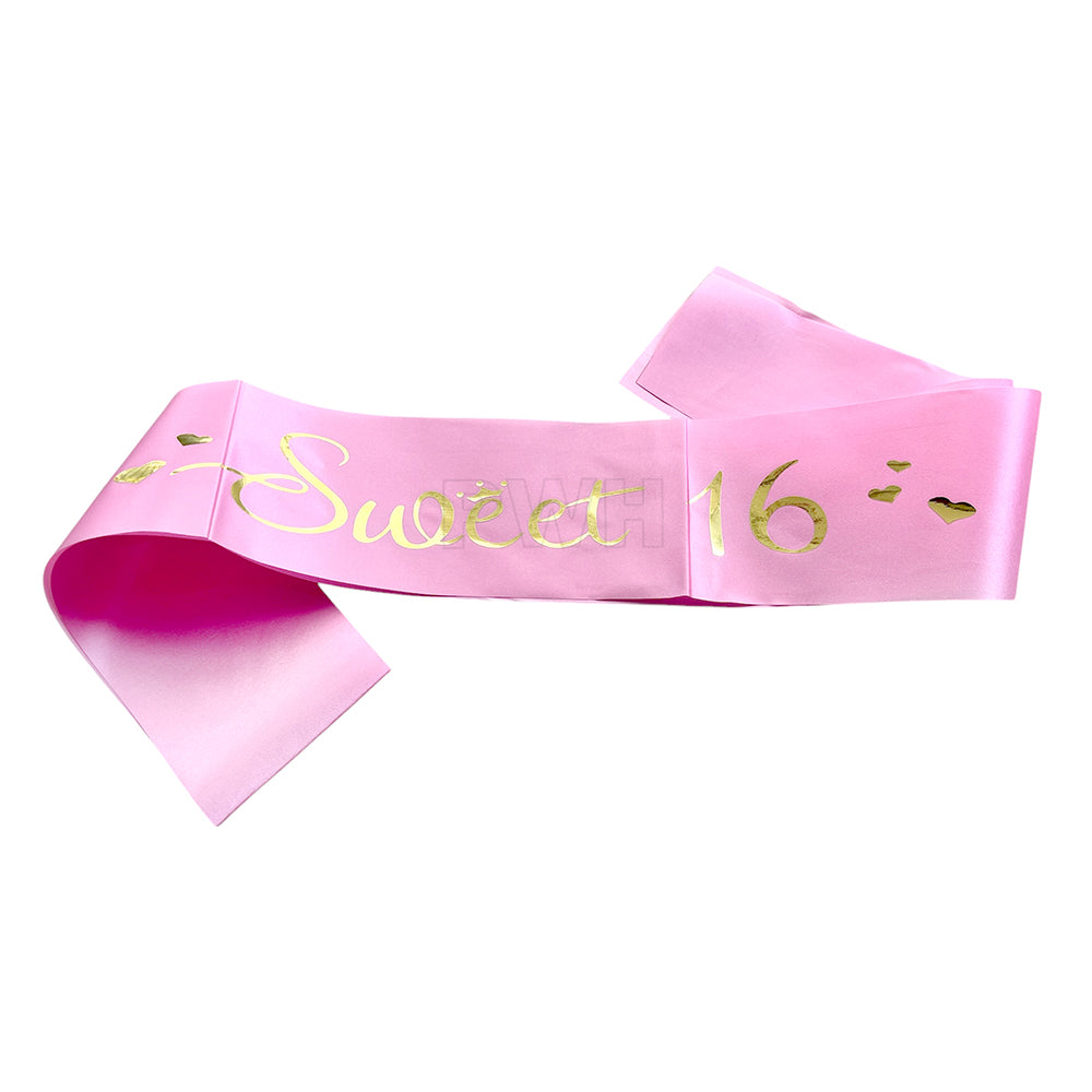 Premium Sweet 16 pink satin birthday party sash for teen birthday celebrations, milestone events, photoshoots, and party accessories from Party Wholesale Hub India.
