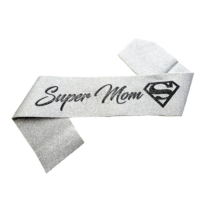 Super Mom glitter satin sash in assorted colors for Mother's Day, birthday celebrations, family events, and party decorations from Party Wholesale Hub India.