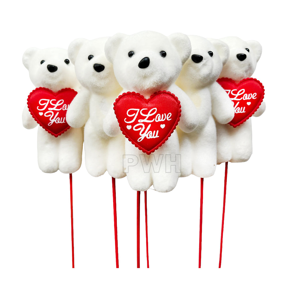 Teddy I Love You foam stick decorations 11 cm pack of 6 for bouquets, gift hampers, cake decoration, Valentine's Day, anniversaries, and wholesale party supplies.