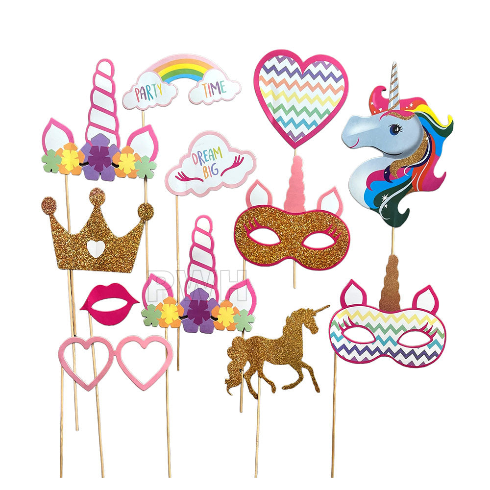 Unicorn Theme Party Photo Booth Props Set with assorted unicorn-themed paper props for birthday parties, baby showers, photo booths, and wholesale party supplies
