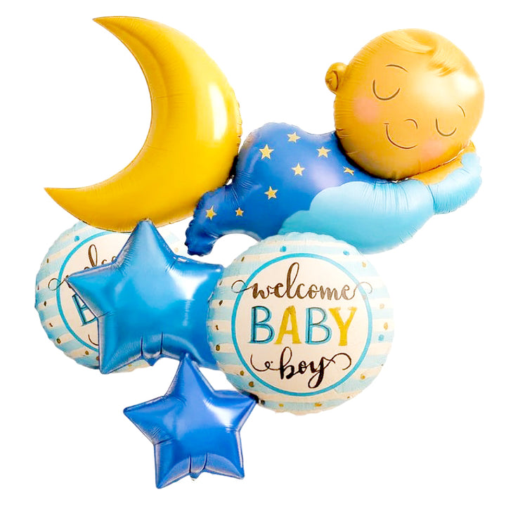 Welcome Baby Boy Girl 6 in 1 Mylar Foil Balloon Set in Pink and Blue for baby shower and baby arrival decoration available at wholesale from Party Wholesale Hub