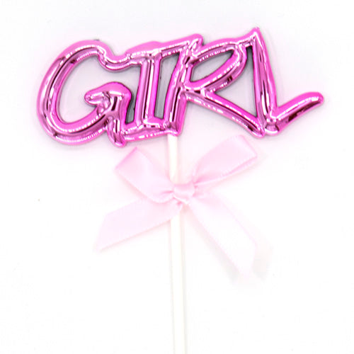 Premium GIRL acrylic cake topper with pink ribbon for baby shower, welcome baby girl, naming ceremony, and first birthday cake decoration available in bulk from Party Wholesale Hub.