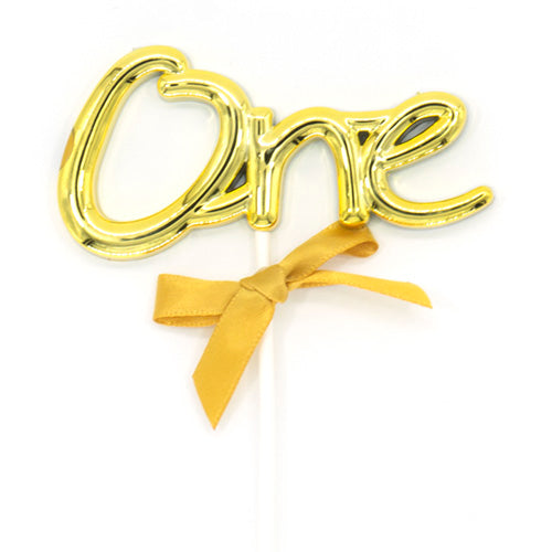 Premium ONE acrylic cake topper with ribbon available in Golden, Silver, Rose Gold, Pink, and Blue for first birthday cake decoration, available in bulk from Party Wholesale Hub.